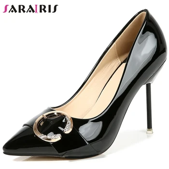 

SARAIRIS New Cool Patent PU Pumps Elegant Metal Decorating Shallow Pumps Women High Thin Heels OL Shoes Woman