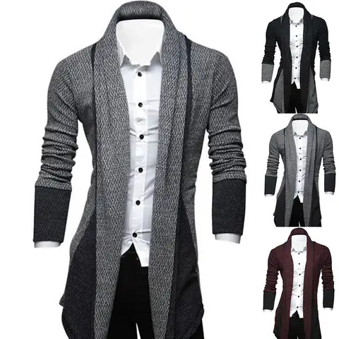 Men Long Sleeve Color Block Patchwork Knitted Loose Plus Size Long Coat Cardigan