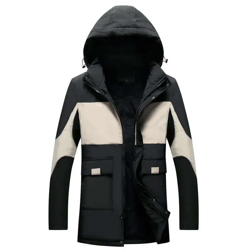 

2019 Winter Men's Coats Warm Fleece Patchwork Thick Male Jackets Long Padded Casual Hooded Parkas Men Overcoats Mens Clothing