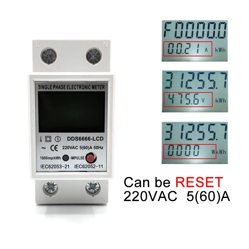 

2020 Din Rail Digital LCD Single Phase Energy Meter kWh Power Consumption Meter Wattmeter Electronic AC 220V 60A Reset Zero