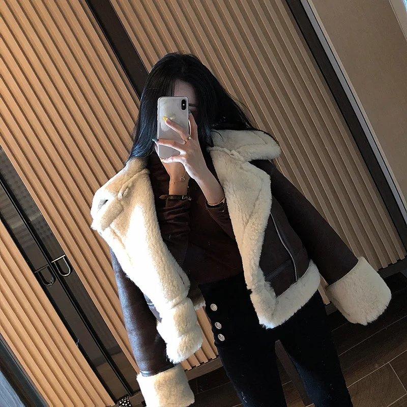 2019 Winter High -Quality Jacket Female Suede Lamb Keep Warm Wool Coat Motorcycle Lapels Coat Female Thicker Jacket Women black