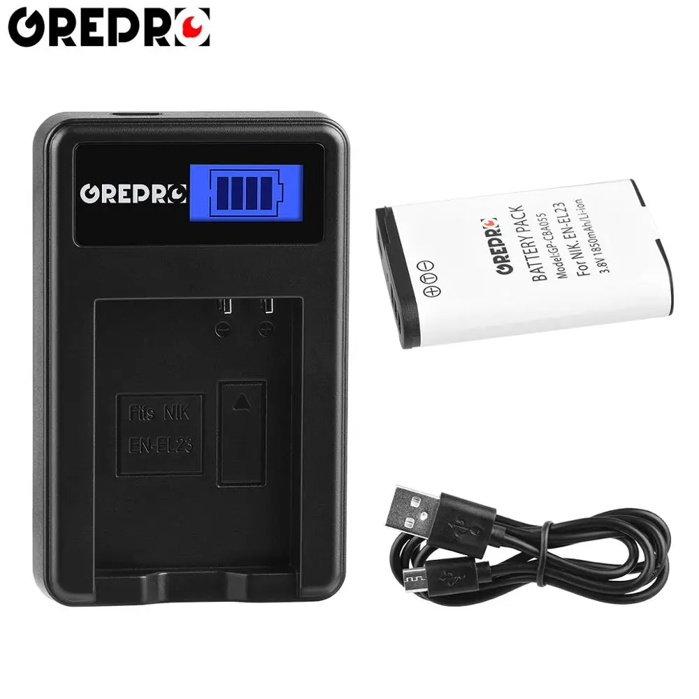 1B with charger GREPRO 2 шт. 1850 мАч EN-EL23 камера Литий-ионная батарея+ ЖК USB зарядное устройство Комплект для Nikon COOLPIX P600, P610, P900, B700, S810c камера - Цвет: 1B with charger