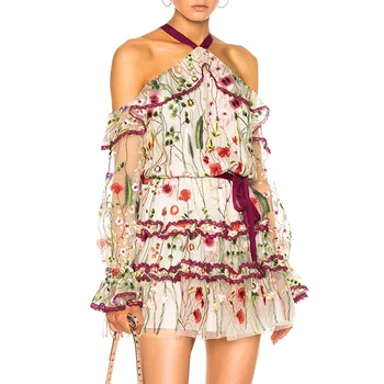 

New Europe United States 2018 fashion show dress neck hanging shoulder lotus leaf embroidered embroidered dress