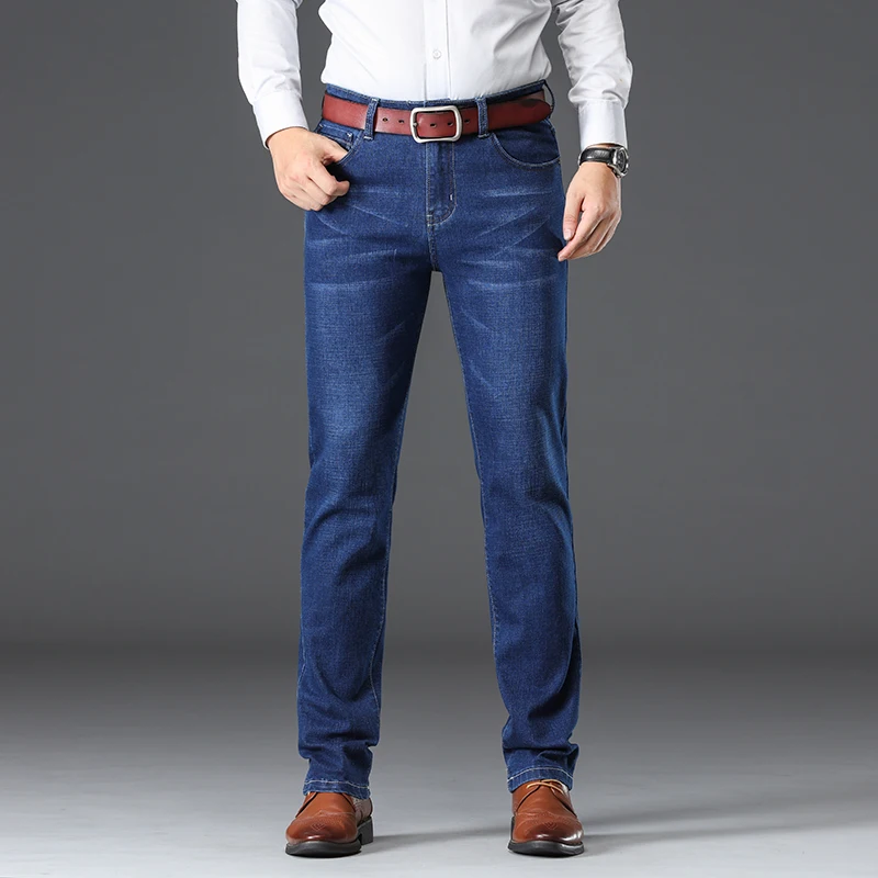 Классический Стиль модные Для мужчин офисные джинсы деловые, casual, эластичные, обтягивающие, и хлопковой подкладкой для мальчиков, джинсовые штаны размера плюс, 51, 52 55 56