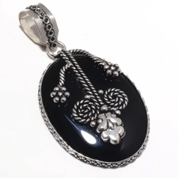 

Black Onyx Pendant Silver Overlay over Copper Jewelry , 60 mm, P7222