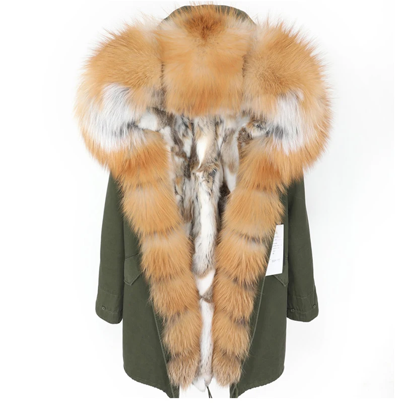 Зимняя теплая куртка из меха лисы с большим меховым воротником, пальто из натурального меха, съемная подкладка из кроличьего меха, модная длинная парка, повседневная женская одежда