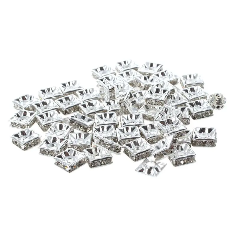 

50 Silver Square Rhinestone Rondelle Spacer Beads 8MM HOT