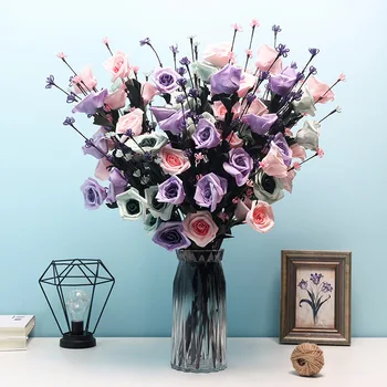 

68cm Rose Pink PE Artificial Rubber Flowers Bouquet 4 Big Head and 3 Bud Cheap Fake Flowers for indoor Wedding Decoration