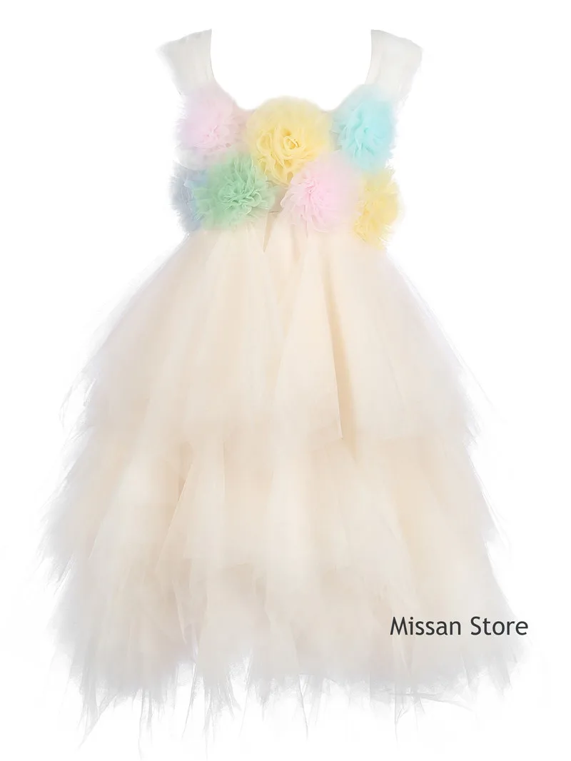 Светильник из тюля кремового цвета, приталенное платье-пачка Платье для девочек с цветочным узором маленьких Нарядные платья для девочек праздничное платье для малышей-именинников
