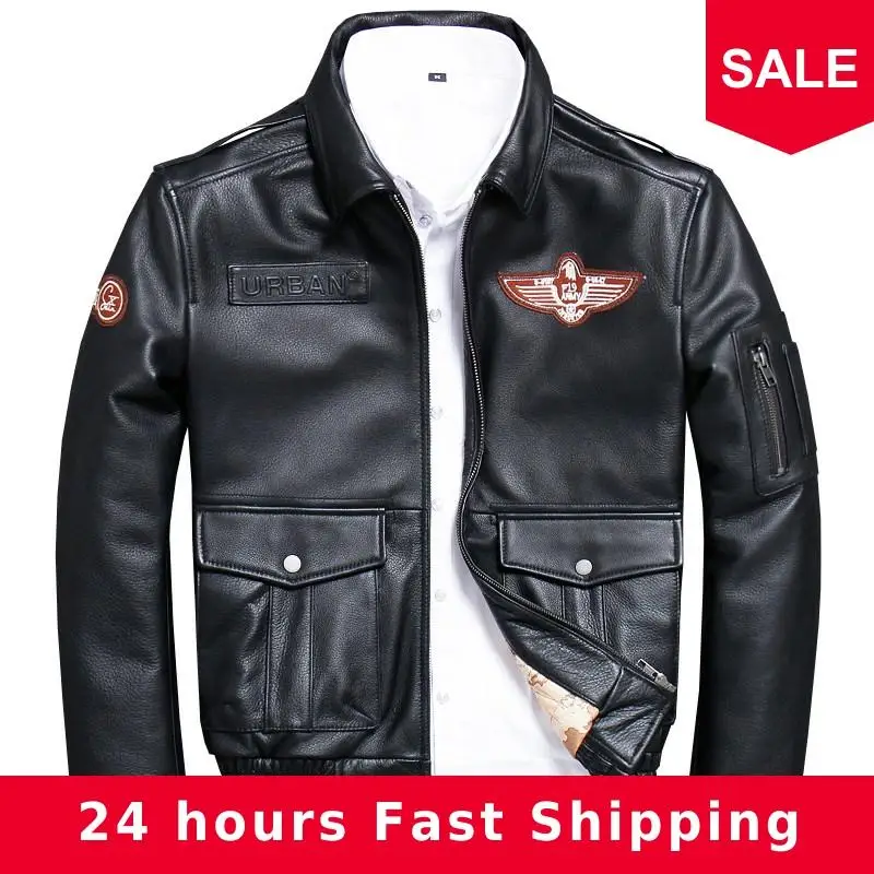 

2020 Black Men USAF Pilot Leather Jacket Wool Collar Plus Size XXXXXL Genuine Cowhide Military Aviator Leather Coat