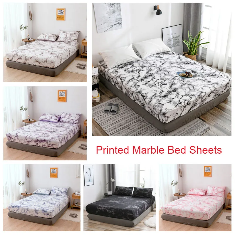 

Printed Marble sanding fabric Bedspread Skin friendly cotton Bed Cover Non Slip Fitted Sheet Bed Protect Mattress Cover 6 color