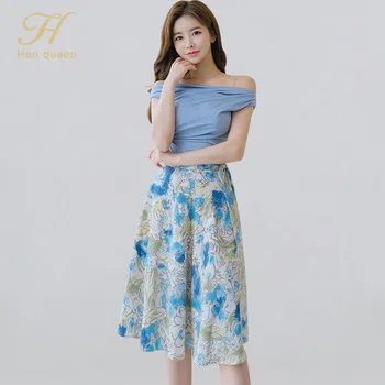 

H Han Queen Summer 2 Pieces Suit Womens Slash neck Blouses & High Waist Print A-line Skirt Korean Simple Occupation Women's Sets