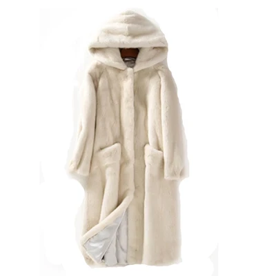 Beige Новая зимняя женская меховая верхняя одежда с капюшоном размера плюс, мода, однотонное длинное меховое пальто, Высококачественная теплая норковая Меховая куртка, пальто, женская парка - Цвет: Beige