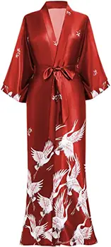 Print Crane Lady Kimono Bathrobe Gown Women Wedding Robe Loose Soft Satin Nightgown Sleepwear V-neck Long Novelty Nightwear