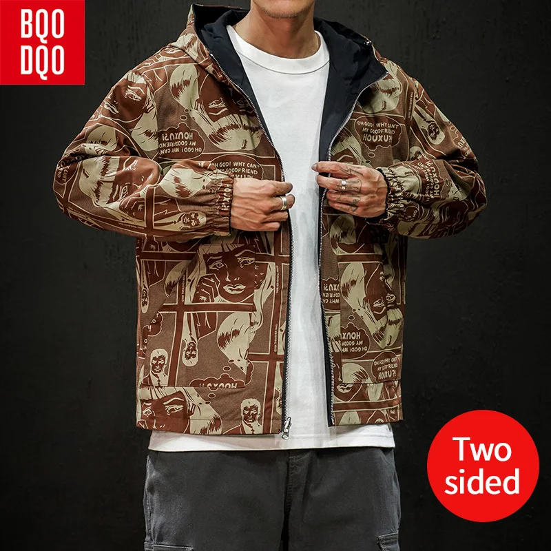 

BQODQO Black Comic Print College Preppy Jacket For Men Hip Hop Military Style Jackets Coat Mens Casual Streetwear Japan Clothing
