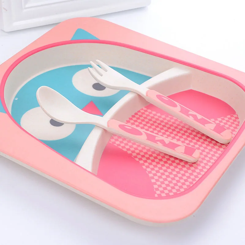 5pcs/set Cartoon Animal Plate+Bow+Fork+Cup Baby Dinnerware Feeding Set Bamboo Fiber Baby Children Container Tableware Set