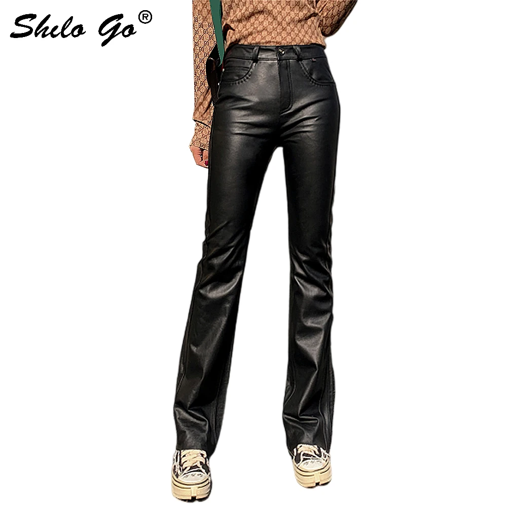 Lederen Broek Minimalistische Highstreet Enkele Knop Hoge Taille Schapenvacht Flare Broek Vrouwen Herfst Office Lady Broeken Lederen Broek Minimalistische Highstreet Enkele Knop Hoge Taille Schapenvacht Flare Broek Vrouwen Herfst Office Lady Broeken
