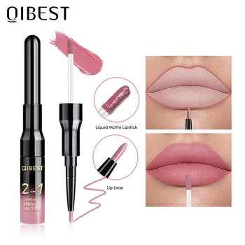QIBEST Waterproof Lip Gloss Matte Lip Liner 2 in 1 Double Head Long-lasting Lipliner Nude Liquid Lipstick Pen Makeup Cosmetics 1