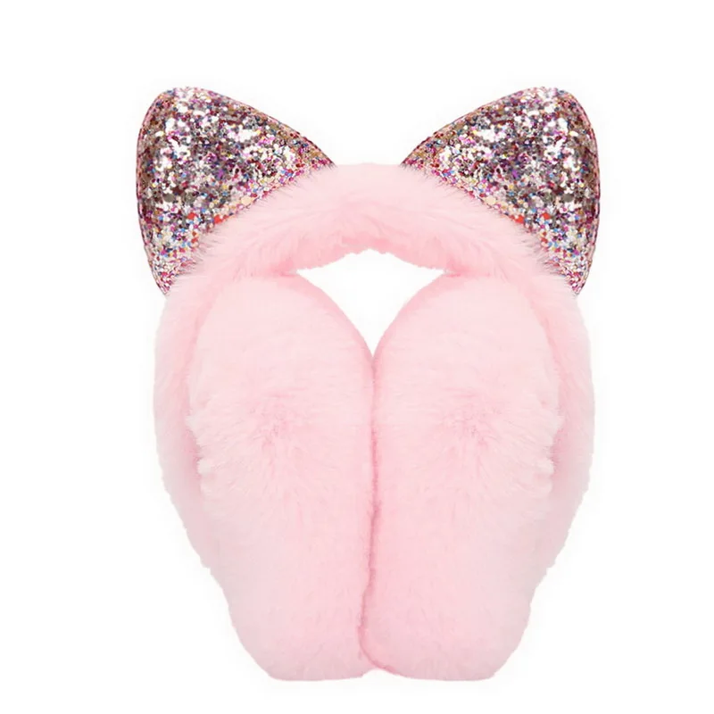 Women Cat Ear Plush Earmuffs Shiny Sequin Soft Earflaps Kids Unisex Ear-cap Soft