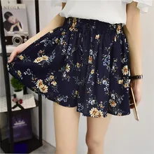 Fashion Women Short Skirt Chiffon Ruffle Floral Black Elastic -Waist High-Waist Casual Beach Printed Chiffon Short Pants Skirt