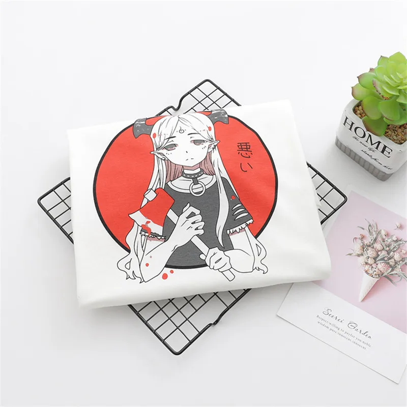 Lychee Harajuku Devil Demon Girl японский принт женские футболки летние женские футболки с вырезом лодочкой свободные женские футболки