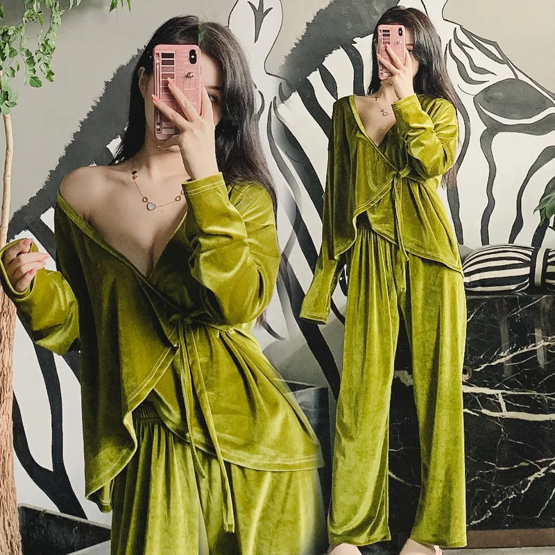 Сексуальное кимоно осень зима пижамы для женщин глубокий v-образный вырез золото бархат домашняя пижама для женщин пижамные комплекты набор длинных брюк ночное белье - Цвет: Green