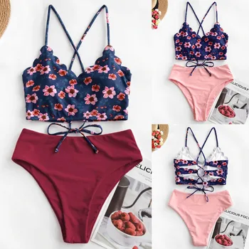 

2020 New Sexy Women Bikini Set Women Sexy Floral Scalloped Crisscross Tankini Swimsuit Swimsuit Beachwear