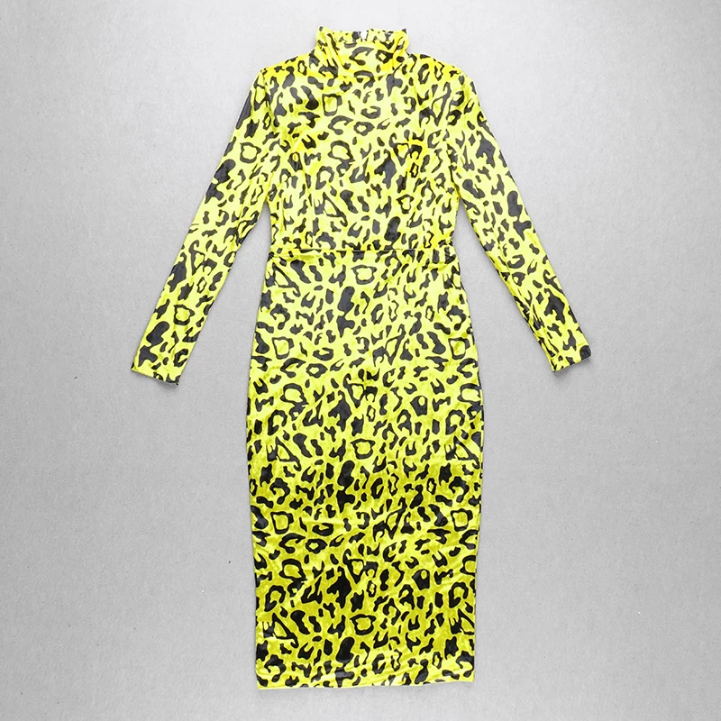 Для женщин сексуальный длинный рукав в леопардовом стиле желтого цвета для ночного клуба вечерние платье дамы Мода по колено платье Vestido