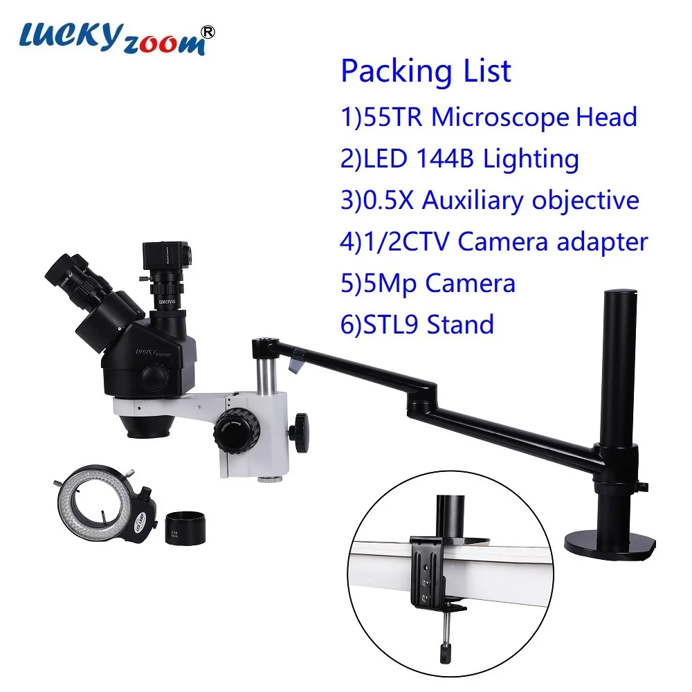 Lucky Zoom Brand New Professional 3.5X-45X Simul Focal Trinocular Microscope BlackTable Clamp Stand Support 76MM Microscope Head Holder Metal Microscopio Set