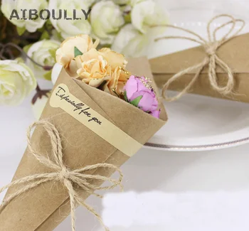 

50pcs/lot DIY Handmade Kraft Paper Candy Boxes with Rope Tag Flower Cones Holder Ice Cream Wedding Table Decor Party Gift Box