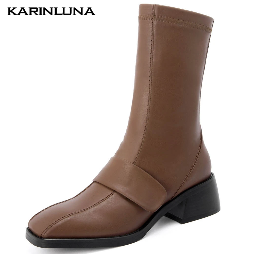 

Karinluna 2019 Fashion Slip On Elastic Genuine Leather Woman Shoes Sock Boots Chunky Heels Women Ankle Boots Female