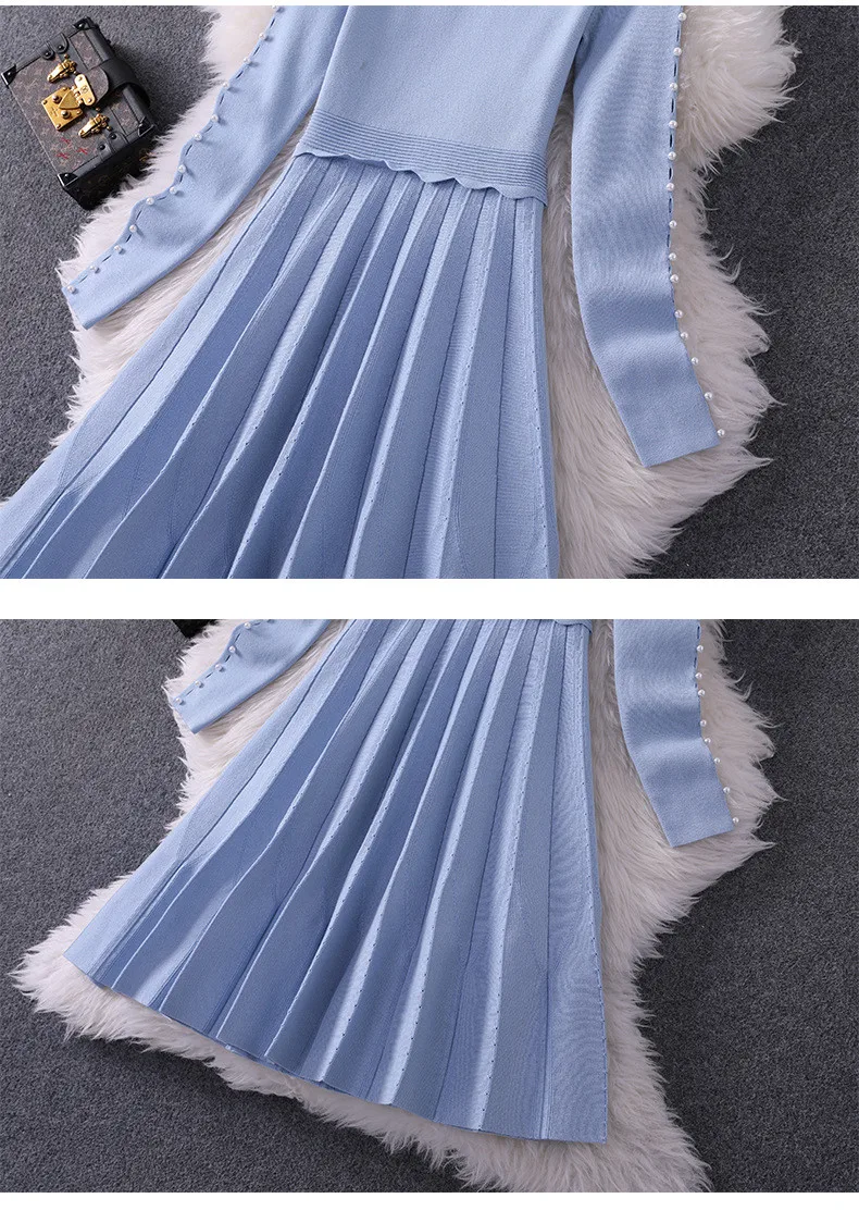 Vestidos, длинный рукав, бант, жемчуг, милое, одноцветное, алиновое, вязанное платье-свитер,, новая мода, женское платье осень-зима