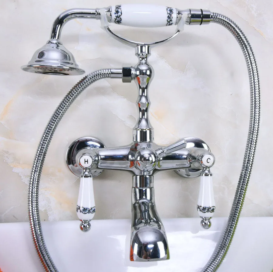 Wandmontierter Badewannenhahn, Verchromtes Messing, Badewanne, Waschbecken, Telefonstil, Badezimmer, Dusche, Handbrause-Set Kna204
