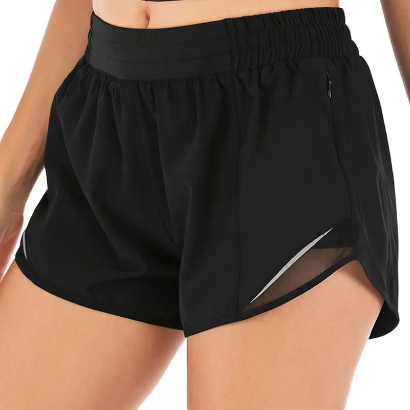 

Women 2-In-1 Sport Workout Running Shorts Mesh Patchwork Solid Color Elastic Waist Quick Dry Loose Gym Athletic Pants with Zippe