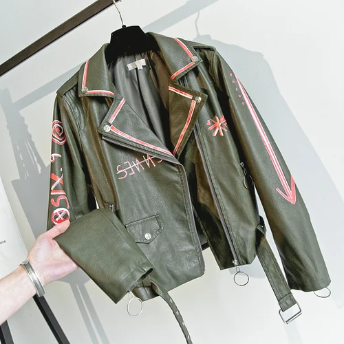 Весенне-осенняя кожаная куртка для женщин, новое корейское короткое тонкое локомотивное кожаное пальто с принтом, Женская куртка из искусственной кожи - Цвет: Армейский зеленый