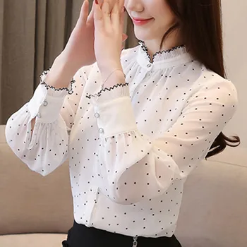 

New Fashion Spring Women Autumn Chiffon Blouses And Tops Office Ladies Print Blouse Casual Long Sleeve Stand-Neck Tops Blusas