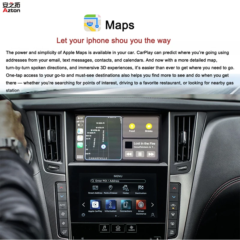 AZTON Wireless CarPlay Module For Infiniti Q50 Q60 Q70 QX50 Q50L 2015-2019 Dual Screen Apple Car Play Android Auto Phone Mirror