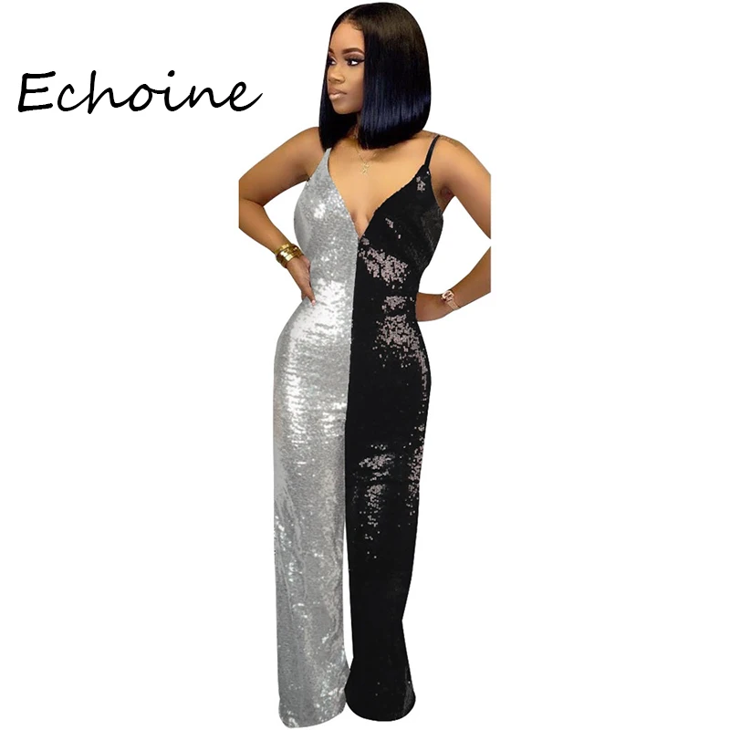 Sexy Sequin Jumpsuit Deep V-neck Backless Spaghetti Straps Color Patckwork Rompers Womens Overalls | Женская одежда