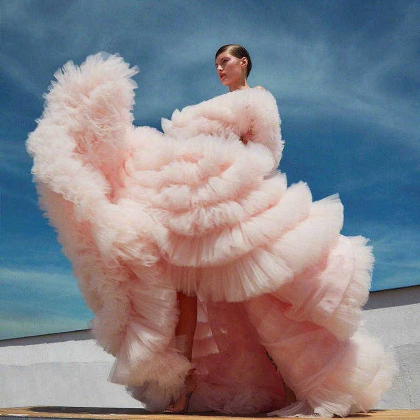 

Peach Pink Ruffles Tulle High Low Prom Gowns Off The Shoulder Full Sleeves Puffy Formal Dresses 2019 Robe De Soiree