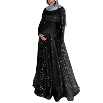 

Women Summer Gown Muslim Fashion Cocktail Maternity Dress Long Sleeve Crew Neck Evening Digital Print Polyester Long Maxi Party