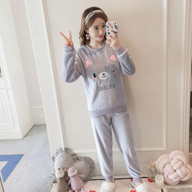 Women Pajama Sets Autumn Winter Pajamas Flannel Cartoon Thick Warm Women Sleepwear Cute Animal Female Homewear