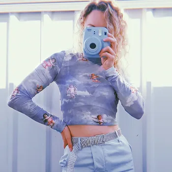 

Women's Long Sleeve Punk Cupid Angel Print Sheer Mesh Crop Top Tee See Through Mock Neck T Shirt