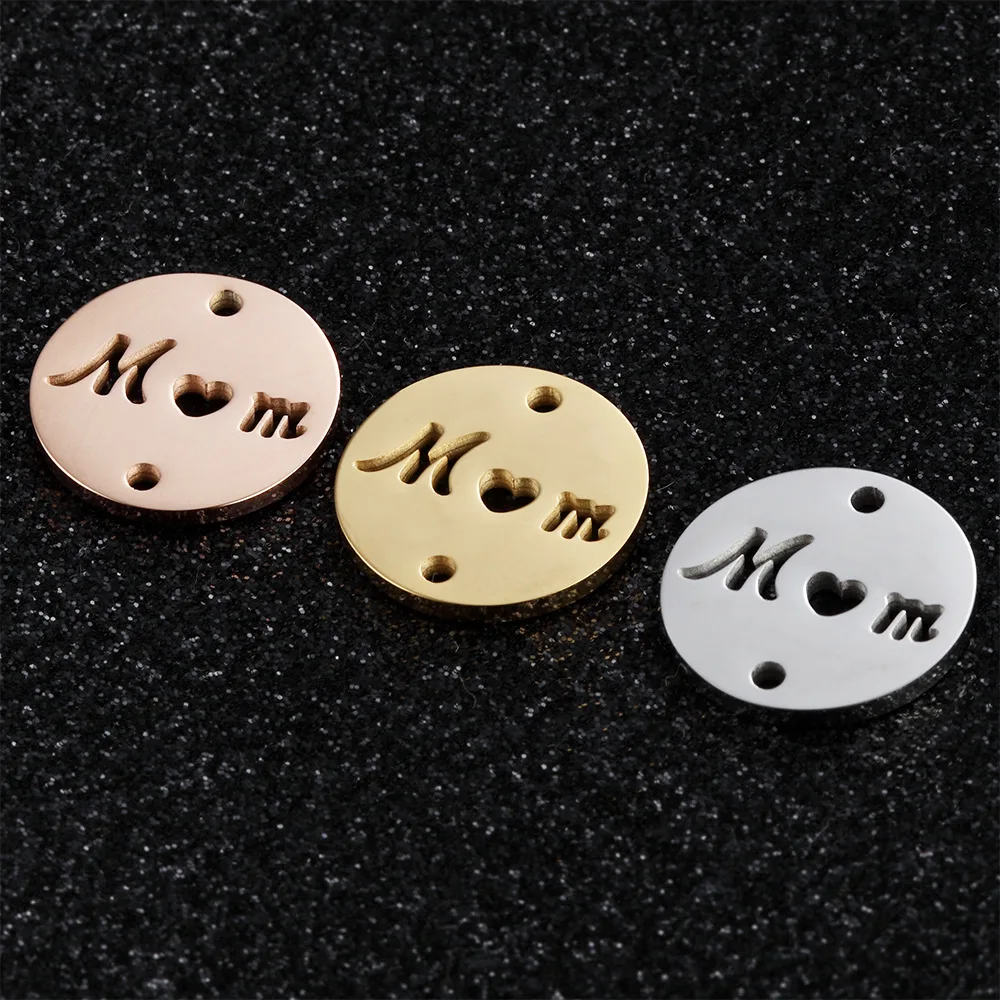 

20pcs 15mm Mirror Polish Round Pendant Hollow Mom Letter Charm Stainless Steel for Diy Necklace/bracelet Women Jewelry Keychaim