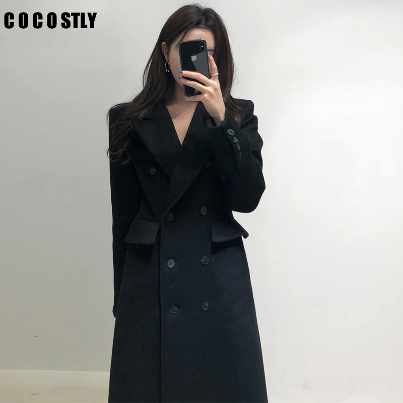 

White Solid Long Wool Blend Ladies Wool Coat Vintage Women Jacket Wide-waisted Double Breasted Korean Womens Coat manteau femme