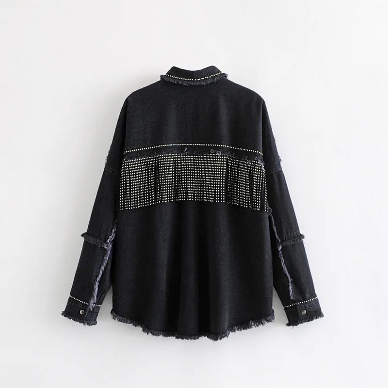 

Women Black High Quality Loose Denim Jacket Coat Sequined Tassels Streetwear All-match Mental Covered Button Outerwear