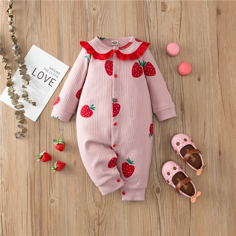 

2020 infant toddler Baby Girls Long Sleeve Jumpsuit Autumn Sweet Strawberry Single-breasted One Piece Pants casual clothes