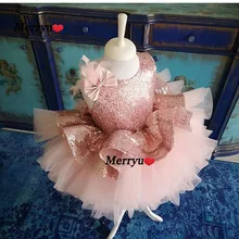 Kids Glitter Sequin Flower Girl Dresses Tiered Baby Wedding Ball Gown With Bow Communion Pageant Clothes