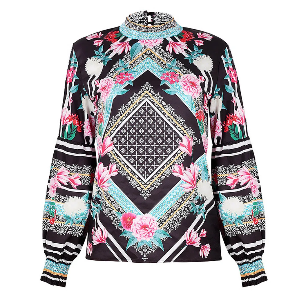 Женская одежда boho, блузки, Зимняя мода, длинный рукав, с принтом, рукав-фонарик, рубашка с вертикальной одеждой, blusas femininas