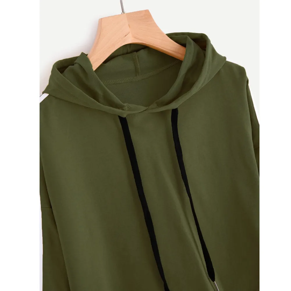JAYCOSIN Fashion Women Striped Long Sleeve Loose Sweatshirt Casual Solid Simple Chic Solid Color Hooded Pullover Top 
