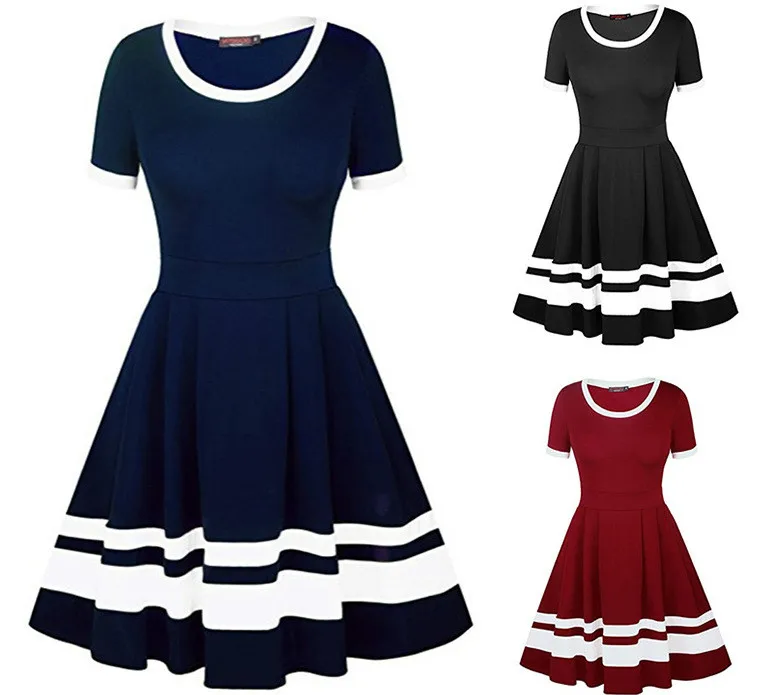 

New Style Striped Stitching Mid-length Short-sleeved A-line Dress Polyester Casual Loose Solid Color Round Neck Plus Size Dress